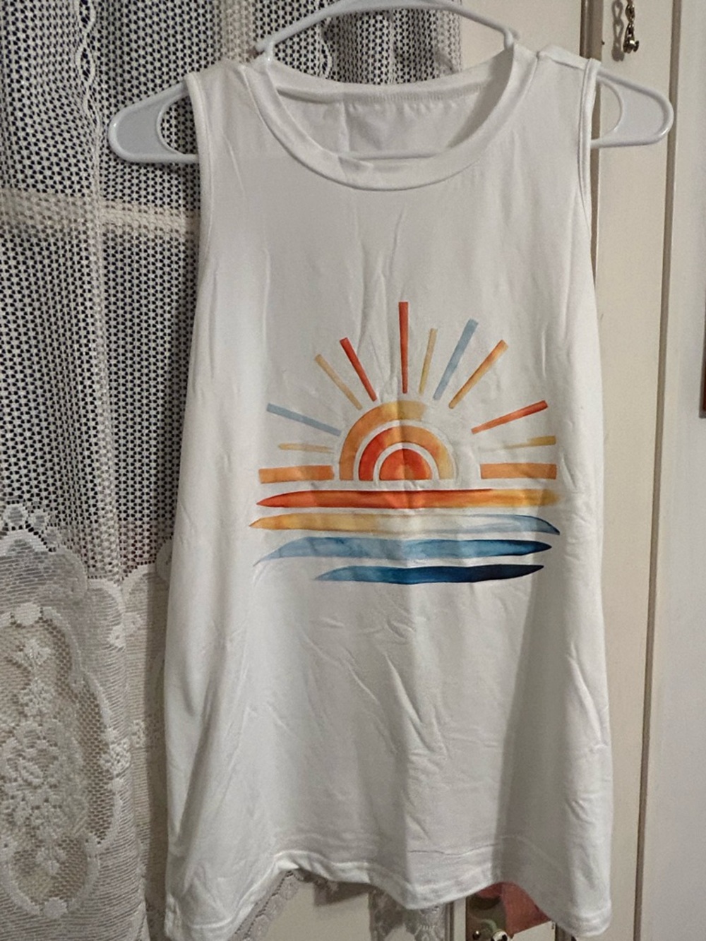 White Tank Top with Colorful Sunrise